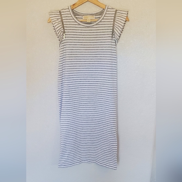 Michael Kors Gray & White Striped Cotton Flutter  Ruffle Sleeves Casual Dress - Picture 2 of 9